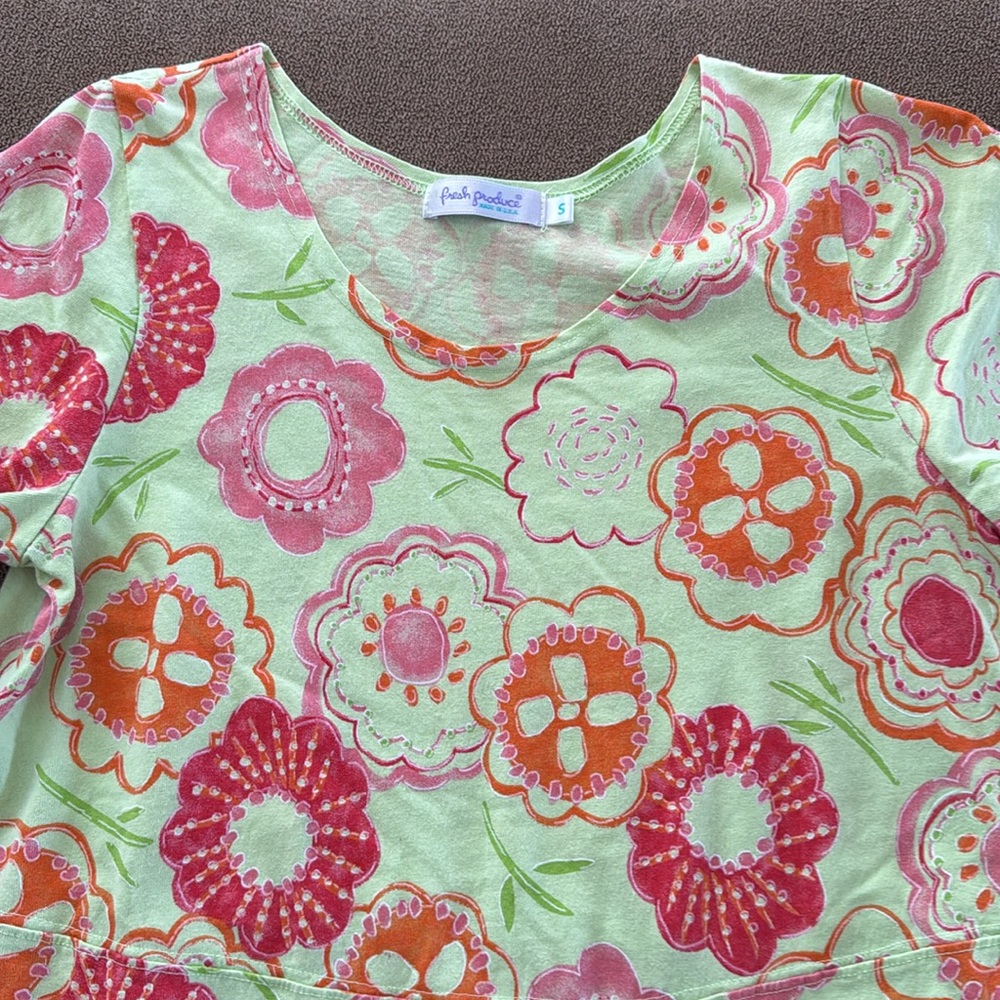 Ladies Small Fresh Produce Dress Size Small Green Pink Orange Floral Cotton (TD) - Picture 3 of 6